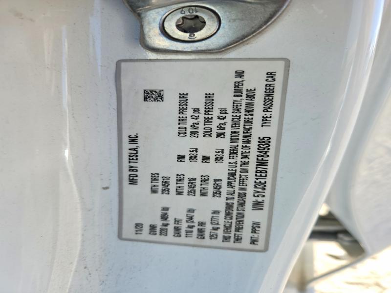 2021 Tesla Model 3 მანქანა იყიდება აუქციონზე, vin: 5YJ3E1EB7MF849385, აუქციონის ნომერი: 69122056