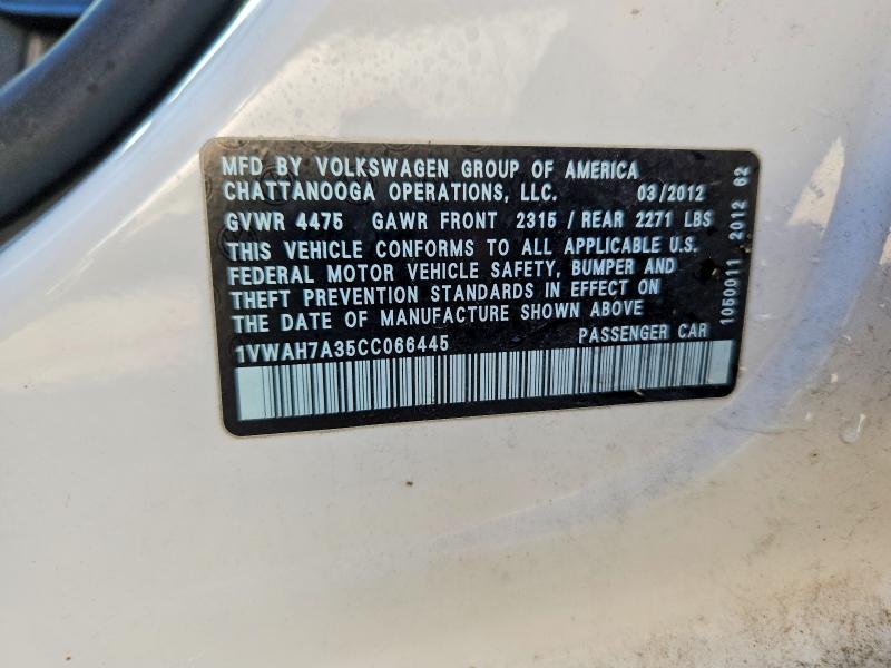 2012 Volkswagen Passat მანქანა იყიდება აუქციონზე, vin: 1VWAH7A35CC066445, აუქციონის ნომერი: 70057256