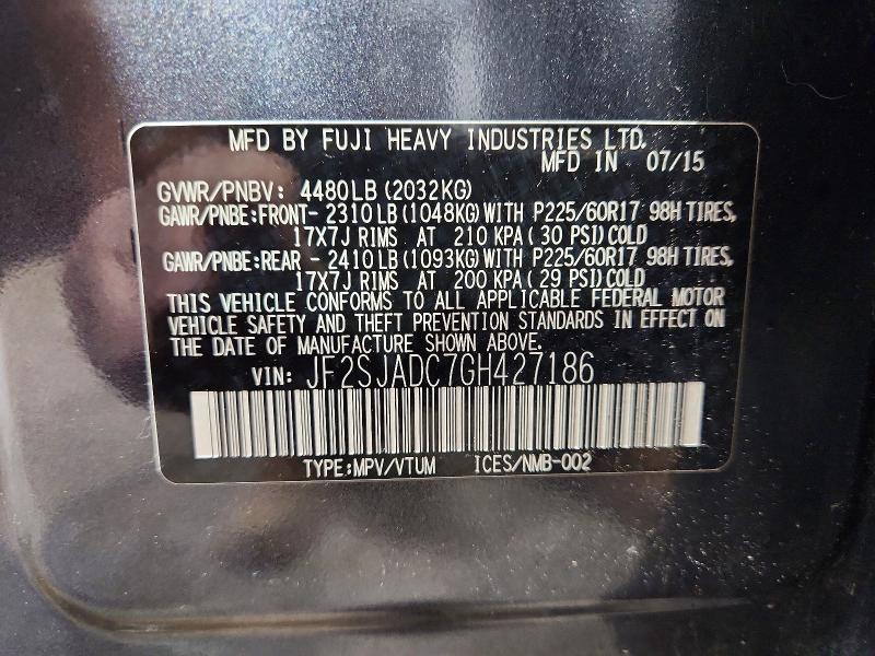 2016 Subaru Forester მანქანა იყიდება აუქციონზე, vin: JF2SJADC7GH427186, აუქციონის ნომერი: 68492286