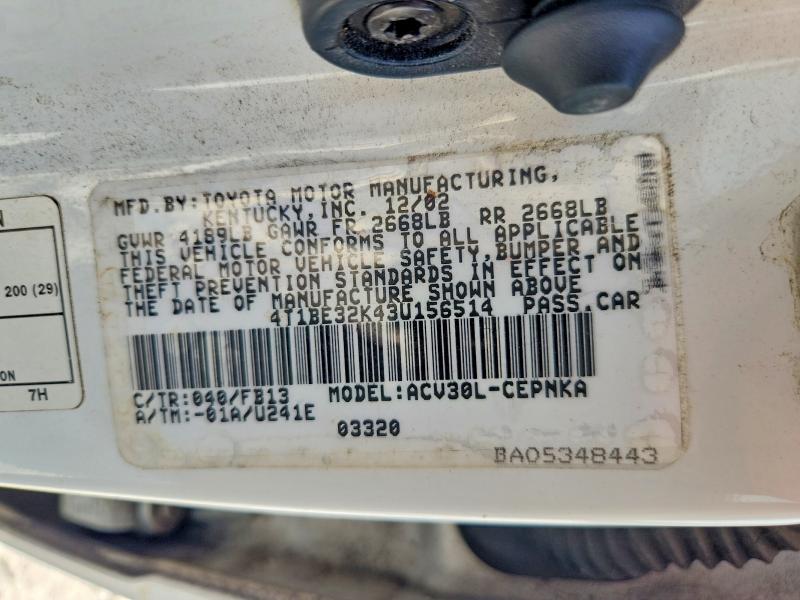 Продаж на аукціоні авто 2003 Toyota Camry, vin: 4T1BE32K43U156514, номер лоту: 67678176