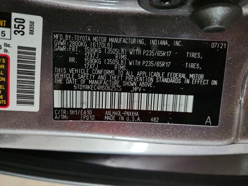 Auction sale of the 2021 Toyota Sienna, vin: 5TDYRKEC4MS062575, lot number: 70893646