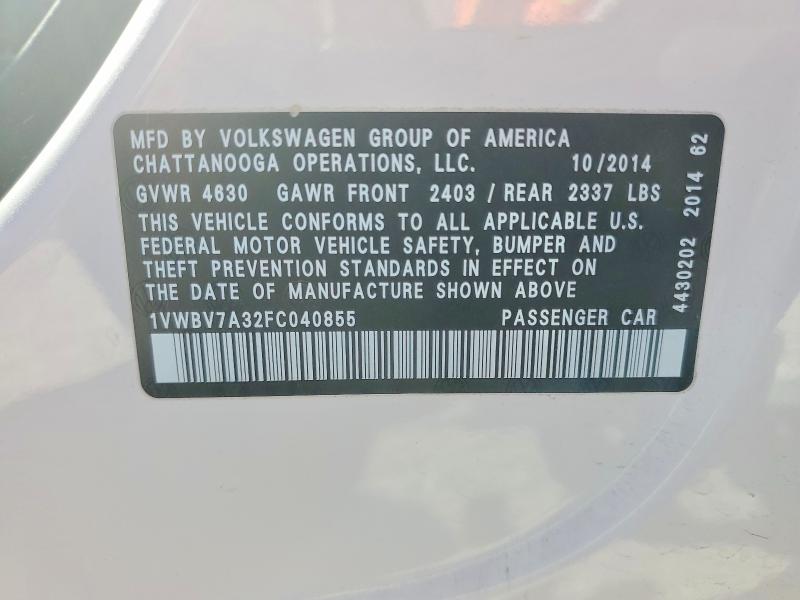 Продаж на аукціоні авто 2015 Volkswagen Passat, vin: 1VWBV7A32FC040855, номер лоту: 70897866