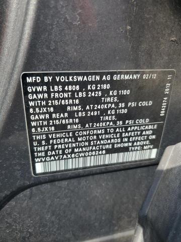 70100886 :رقم المزاد ، WVGAV7AX6CW006246 vin ، 2012 Volkswagen Tiguan مزاد بيع