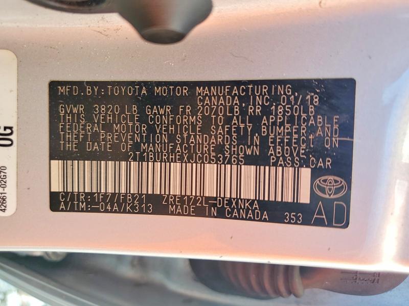 2018 Toyota Corolla მანქანა იყიდება აუქციონზე, vin: 2T1BURHEXJC053765, აუქციონის ნომერი: 69966066