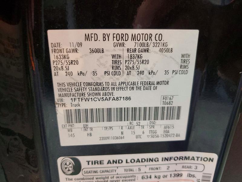 70609246 :رقم المزاد ، 1FTFW1CV5AFA87186 vin ، 2010 Ford F150 مزاد بيع