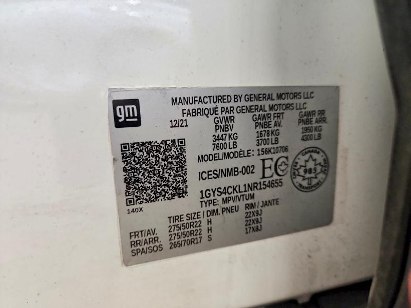 2022 Cadillac Escalade მანქანა იყიდება აუქციონზე, vin: 1GYS4CKL1NR154655, აუქციონის ნომერი: 67878536