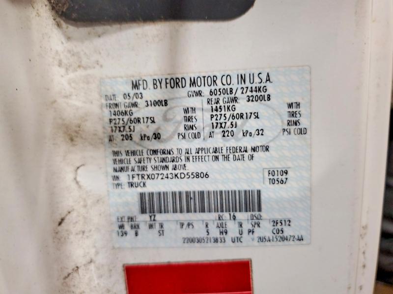 Aukcja sprzedaży 2003 Ford F150, vin: 1FTRX07243KD55806, numer aukcji: 69611986