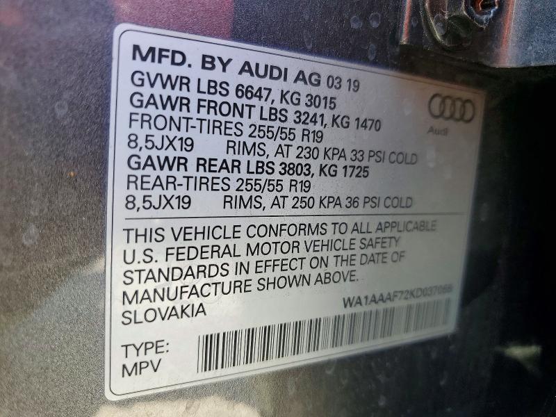Продажа на аукционе авто 2019 Audi Q7, vin: WA1AAAF72KD037066, номер лота: 69770716
