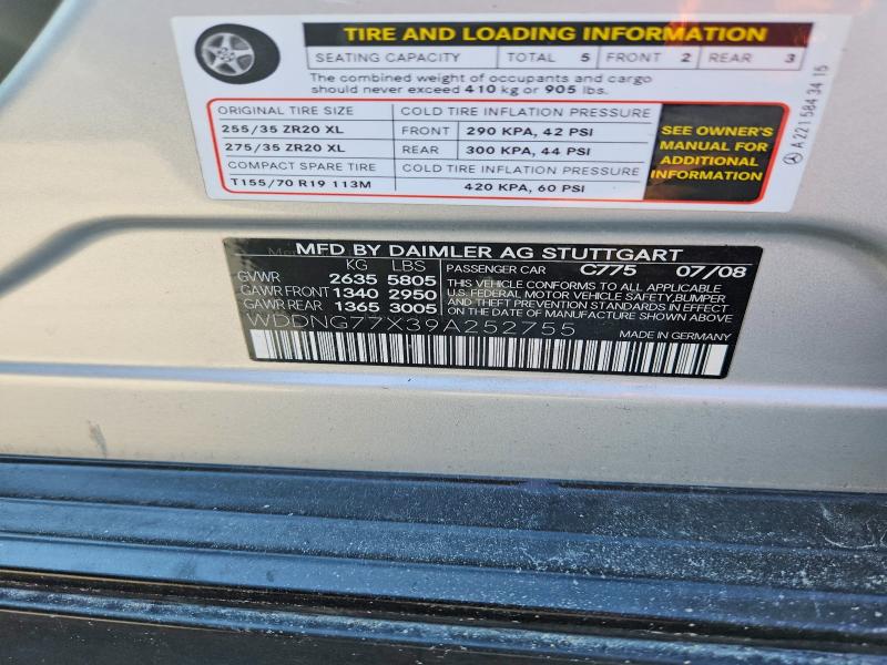 69353136 :رقم المزاد ، WDDNG77X39A252755 vin ، 2009 Mercedes-benz S مزاد بيع