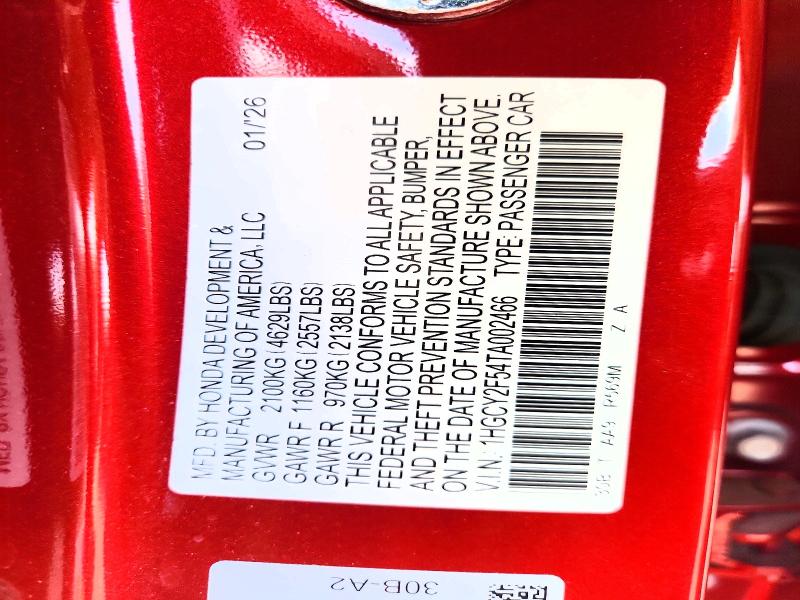 2026 Honda Accord მანქანა იყიდება აუქციონზე, vin: 1HGCY2F54TA002466, აუქციონის ნომერი: 68742956