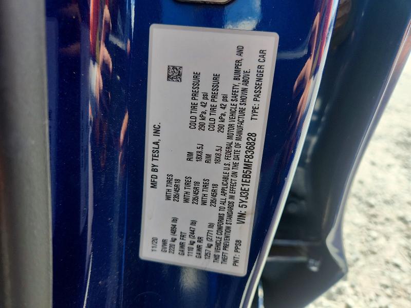 2021 Tesla Model 3 მანქანა იყიდება აუქციონზე, vin: 5YJ3E1EB5MF836828, აუქციონის ნომერი: 67317266