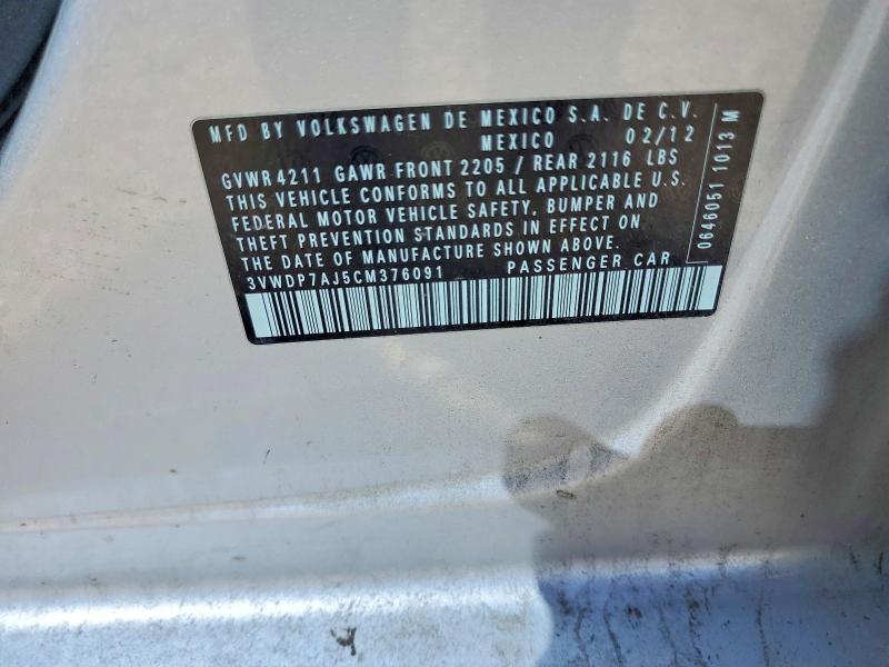 2012 Volkswagen Jetta მანქანა იყიდება აუქციონზე, vin: 3VWDP7AJ5CM376091, აუქციონის ნომერი: 67559186