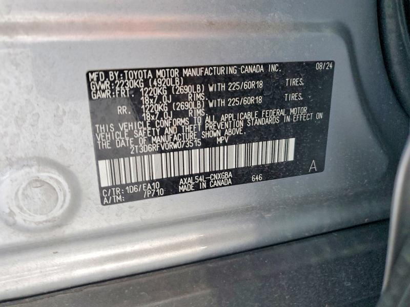 2024 Toyota Rav4 მანქანა იყიდება აუქციონზე, vin: 2T3D6RFV0RW073515, აუქციონის ნომერი: 69200316