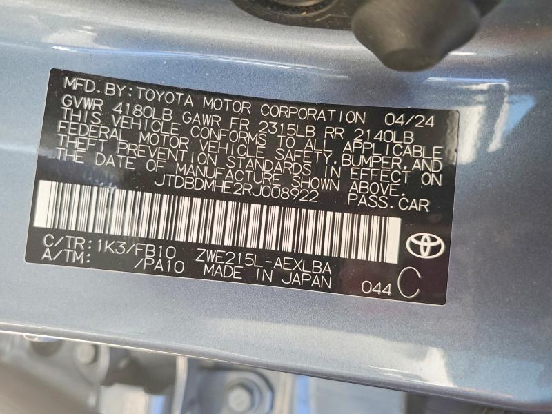 67356416 :رقم المزاد ، JTDBDMHE2RJ008922 vin ، 2024 Toyota Corolla Hybrid مزاد بيع