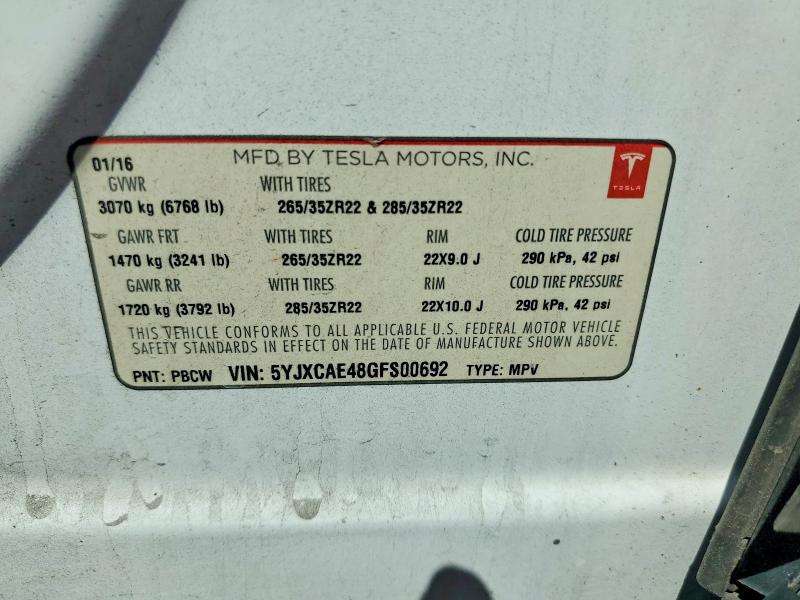 Продаж на аукціоні авто 2016 Tesla Model X, vin: 5YJXCAE48GFS00692, номер лоту: 67473176