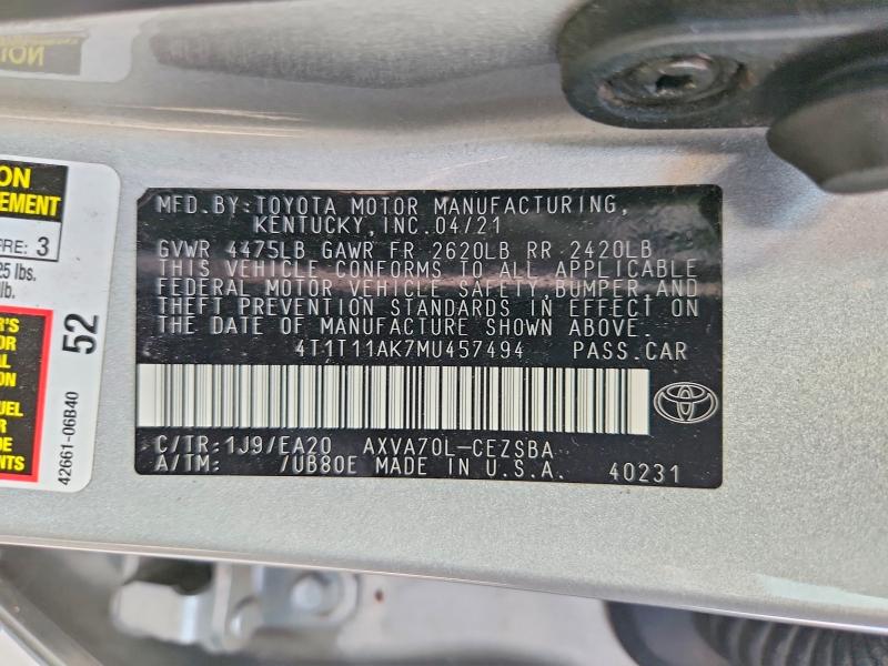 Auction sale of the 2021 Toyota Camry, vin: 4T1T11AK7MU457494, lot number: 70422496