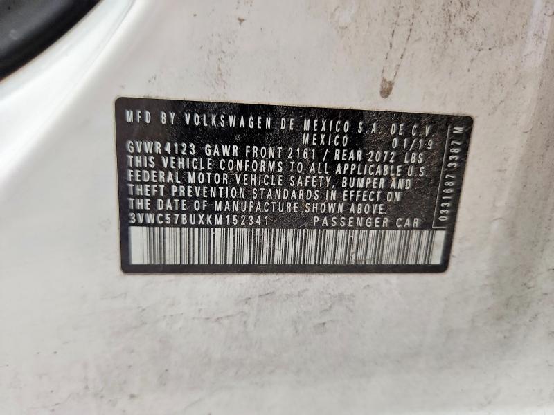 2019 Volkswagen Jetta მანქანა იყიდება აუქციონზე, vin: 3VWC57BUXKM152341, აუქციონის ნომერი: 70146276