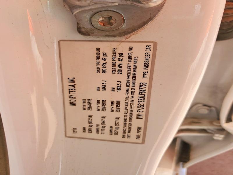 2020 Tesla Model 3 მანქანა იყიდება აუქციონზე, vin: 5YJ3E1EBXLF647753, აუქციონის ნომერი: 68087226