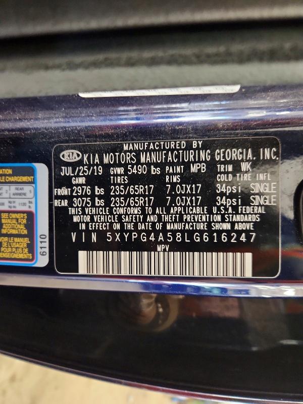 2020 Kia Sorento მანქანა იყიდება აუქციონზე, vin: 5XYPG4A58LG616247, აუქციონის ნომერი: 70797076