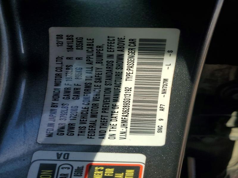 Продаж на аукціоні авто 2009 Honda Civic, vin: JHMFA36289S013192, номер лоту: 69857146