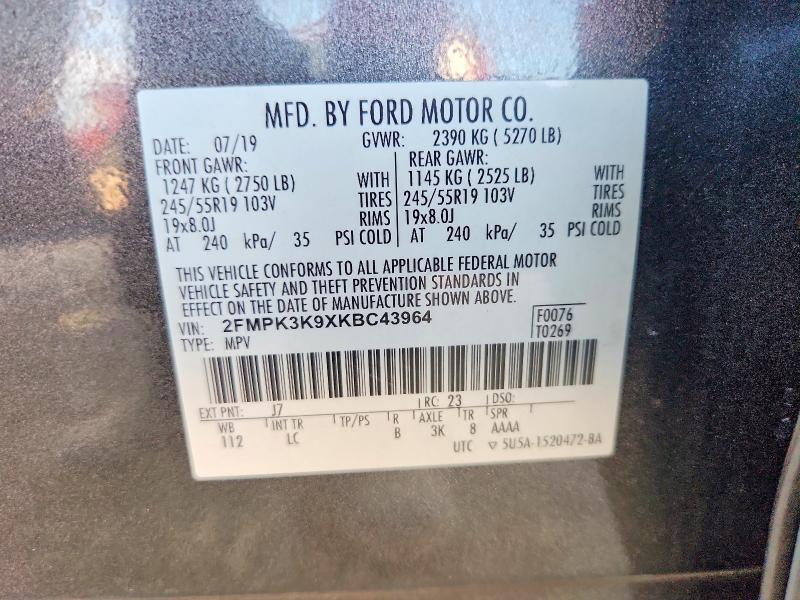 68760686 :رقم المزاد ، 2FMPK3K9XKBC43964 vin ، 2019 Ford Edge مزاد بيع