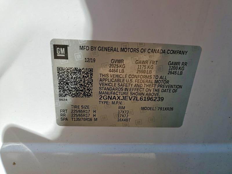 70533596 :رقم المزاد ، 2GNAXJEV7L6196239 vin ، 2020 Chevrolet Equinox مزاد بيع