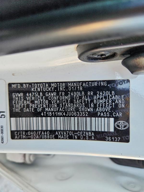 2018 Toyota Camry მანქანა იყიდება აუქციონზე, vin: 4T1B11HK4JU063352, აუქციონის ნომერი: 69203256