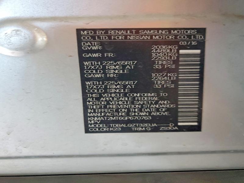 68974676 :رقم المزاد ، KNMAT2MT6GP670763 vin ، 2016 Nissan Rogue مزاد بيع