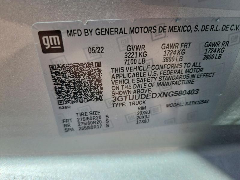 69787956 :رقم المزاد ، 3GTUUDEDXNG580403 vin ، 2022 Gmc Sierra مزاد بيع