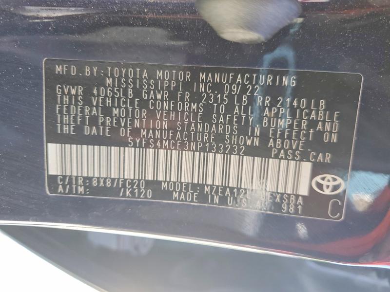 68413516 :رقم المزاد ، 5YFS4MCE3NP133232 vin ، 2022 Toyota Corolla مزاد بيع