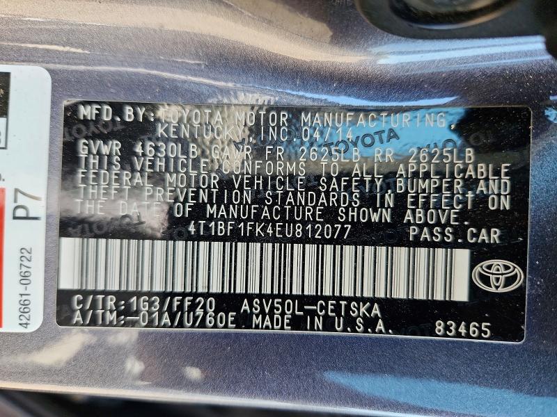2014 Toyota Camry მანქანა იყიდება აუქციონზე, vin: 4T1BF1FK4EU812077, აუქციონის ნომერი: 68617416