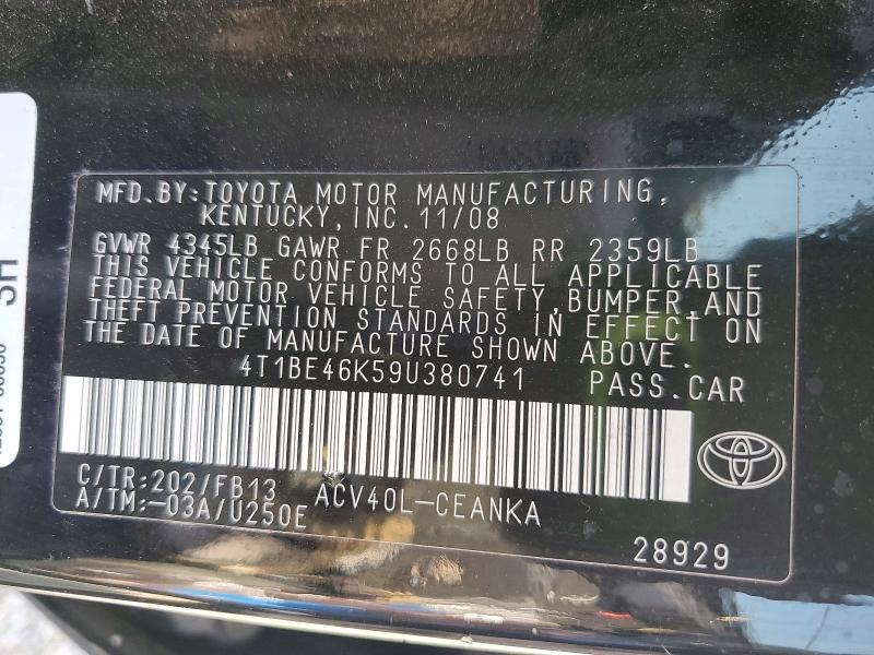 2009 Toyota Camry მანქანა იყიდება აუქციონზე, vin: 4T1BE46K59U380741, აუქციონის ნომერი: 68976396