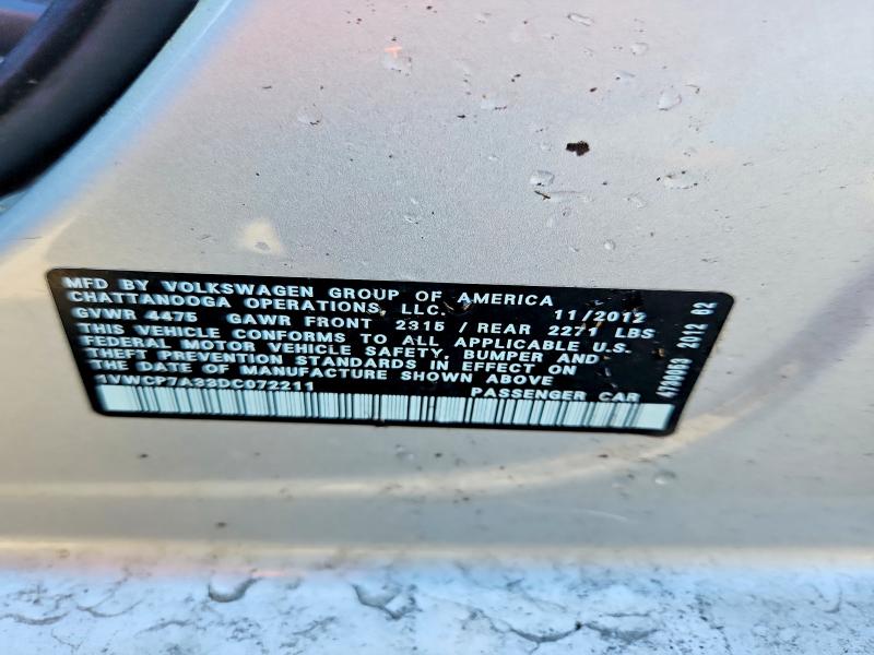 Aukcja sprzedaży 2013 Volkswagen Passat, vin: 1VWCP7A33DC072211, numer aukcji: 69499036