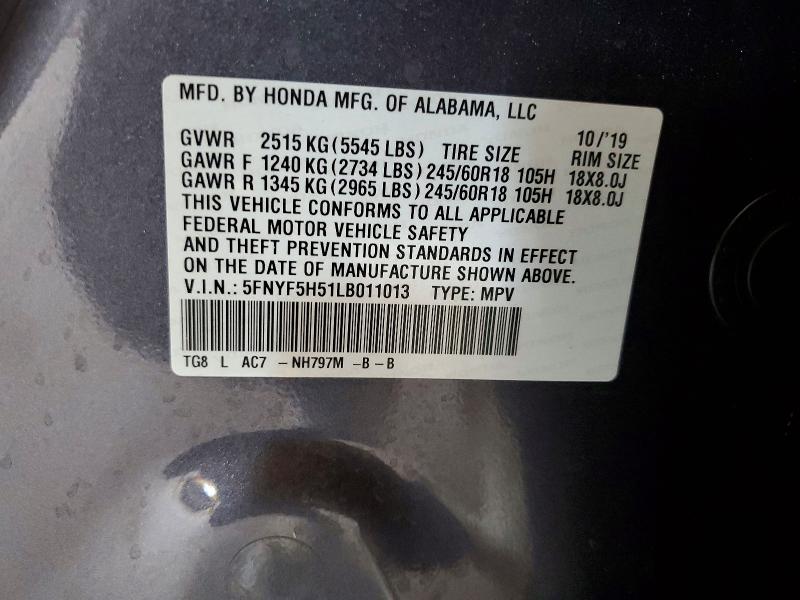 Продажа на аукционе авто 2020 Honda Pilot, vin: 5FNYF5H51LB011013, номер лота: 68330766
