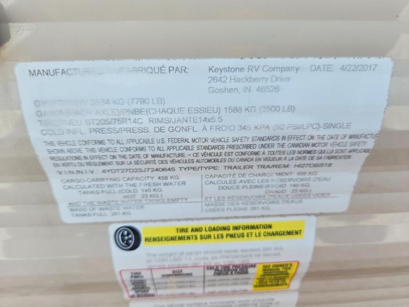 Продаж на аукціоні авто 2018 Keystone Hideout, vin: 4YDT27D23J7240645, номер лоту: 68967626