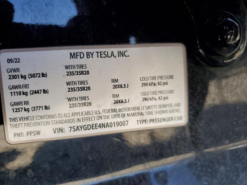 66948946 :رقم المزاد ، 7SAYGDEE4NA019007 vin ، 2022 Tesla Model Y مزاد بيع