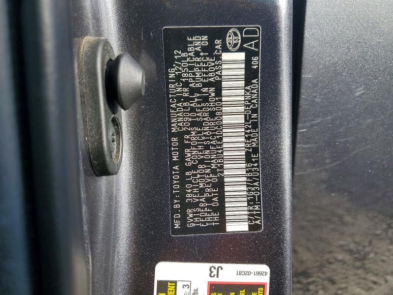 66862466 :رقم المزاد ، 2T1BU4EE1DC008001 vin ، 2013 Toyota Corolla مزاد بيع