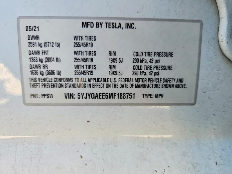 Aukcja sprzedaży 2021 Tesla Model Y, vin: 5YJYGAEE6MF188751, numer aukcji: 67855836