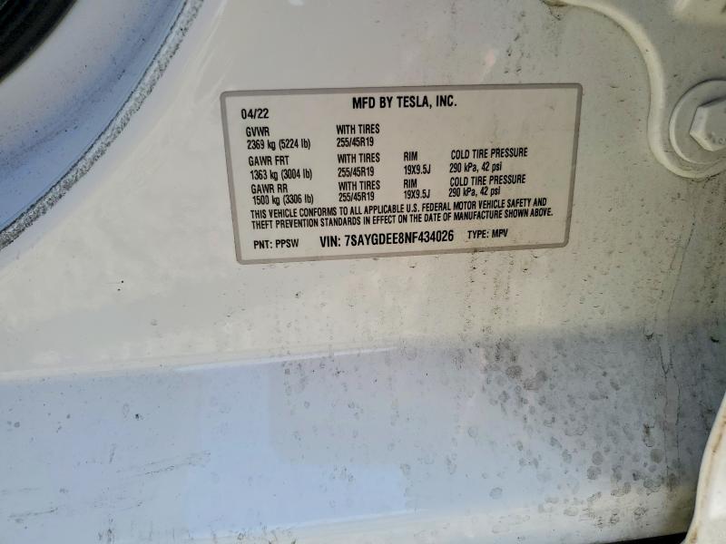 2022 Tesla Model Y მანქანა იყიდება აუქციონზე, vin: 7SAYGDEE8NF434026, აუქციონის ნომერი: 68252346