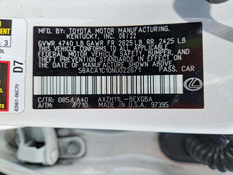 Aukcja sprzedaży 2022 Lexus Es 300h, vin: 58ACA1C10NU022671, numer aukcji: 67214456