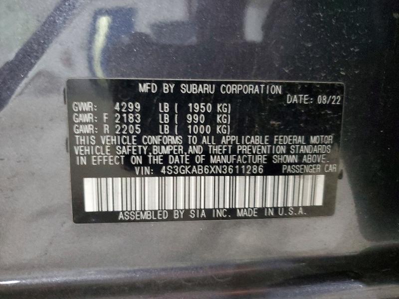 Auction sale of the 2022 Subaru Impreza, vin: 4S3GKAB6XN3611286, lot number: 68227746