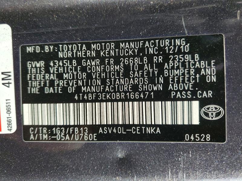 70366676 :رقم المزاد ، 4T4BF3EK0BR166471 vin ، 2011 Toyota Camry مزاد بيع