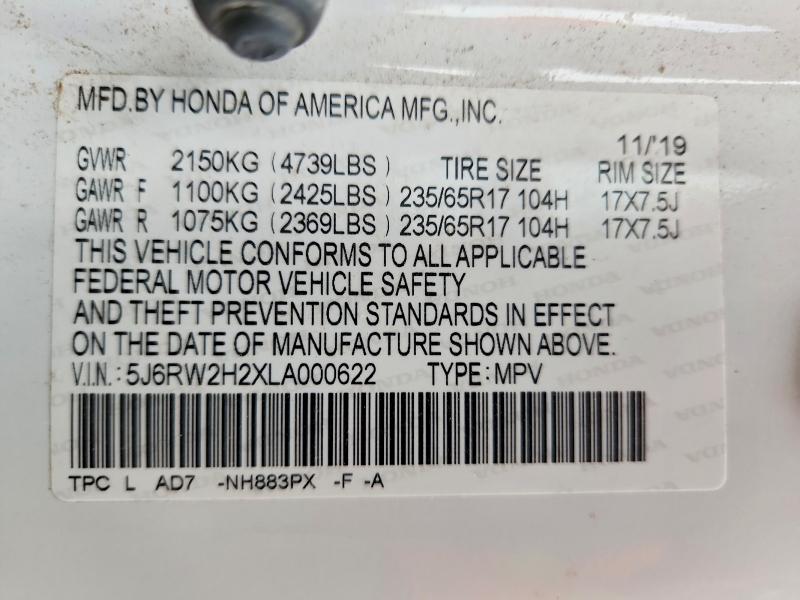 2020 Honda Cr-v მანქანა იყიდება აუქციონზე, vin: 5J6RW2H2XLA000622, აუქციონის ნომერი: 71011926