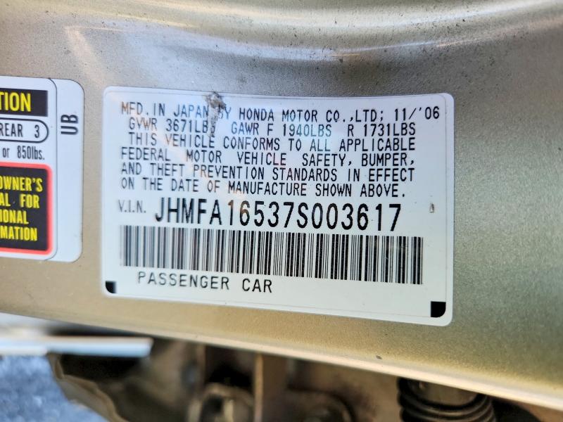 Aukcja sprzedaży 2007 Honda Civic, vin: JHMFA16537S003617, numer aukcji: 68234976
