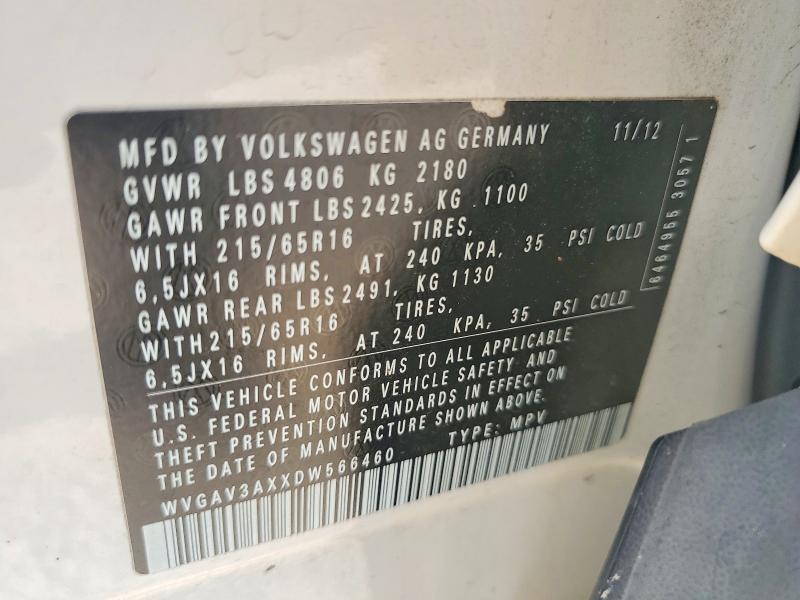 67887986 :رقم المزاد ، WVGAV3AXXDW566460 vin ، 2013 Volkswagen Tiguan مزاد بيع