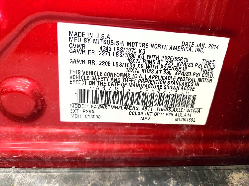 67854086 :رقم المزاد ، 4A4AR3AU8EE022666 vin ، 2014 Mitsubishi Outlander Sport مزاد بيع
