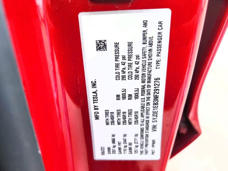 Aukcja sprzedaży 2022 Tesla Model 3, vin: 5YJ3E1EB3NF291276, numer aukcji: 67407136