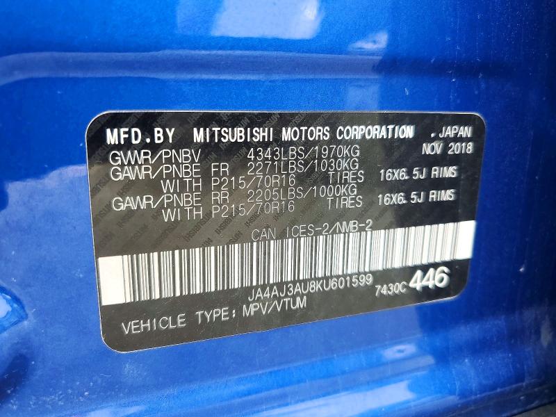 69529596 :رقم المزاد ، JA4AJ3AU8KU601599 vin ، 2019 Mitsubishi Rvr مزاد بيع