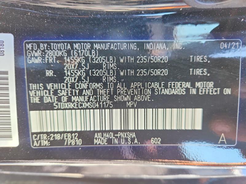 Aukcja sprzedaży 2021 Toyota Sienna, vin: 5TDXRKECXMS041175, numer aukcji: 69443426