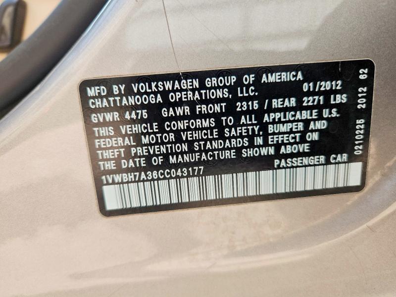 67799996 :رقم المزاد ، 1VWBH7A36CC043177 vin ، 2012 Volkswagen Passat مزاد بيع